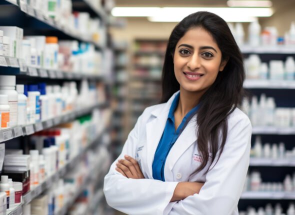 An indian woman who is a doctor is standing in a pharmacy, healt