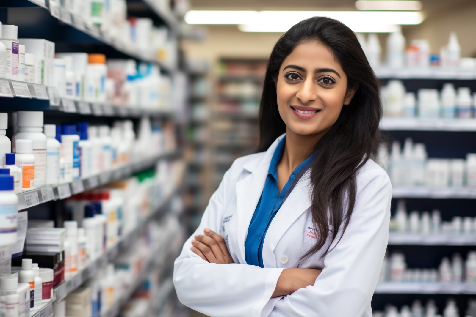 An indian woman who is a doctor is standing in a pharmacy, healt