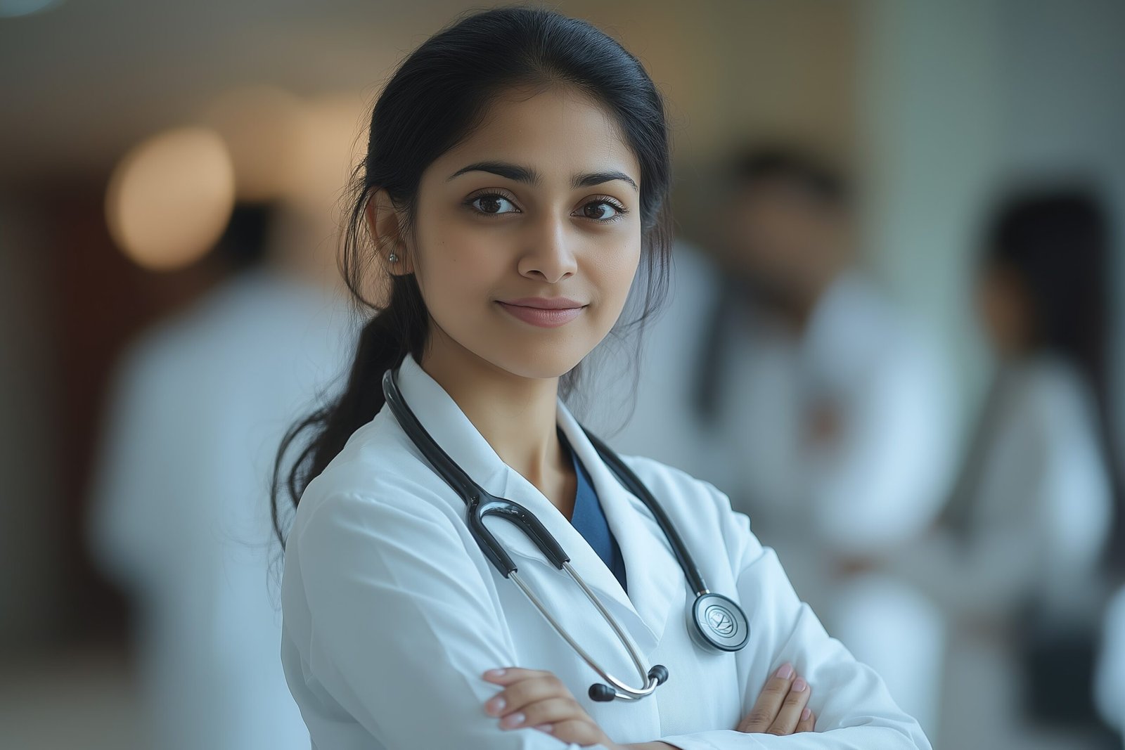 proud Indian female doctor confidently standing in hospital with arms crossed.