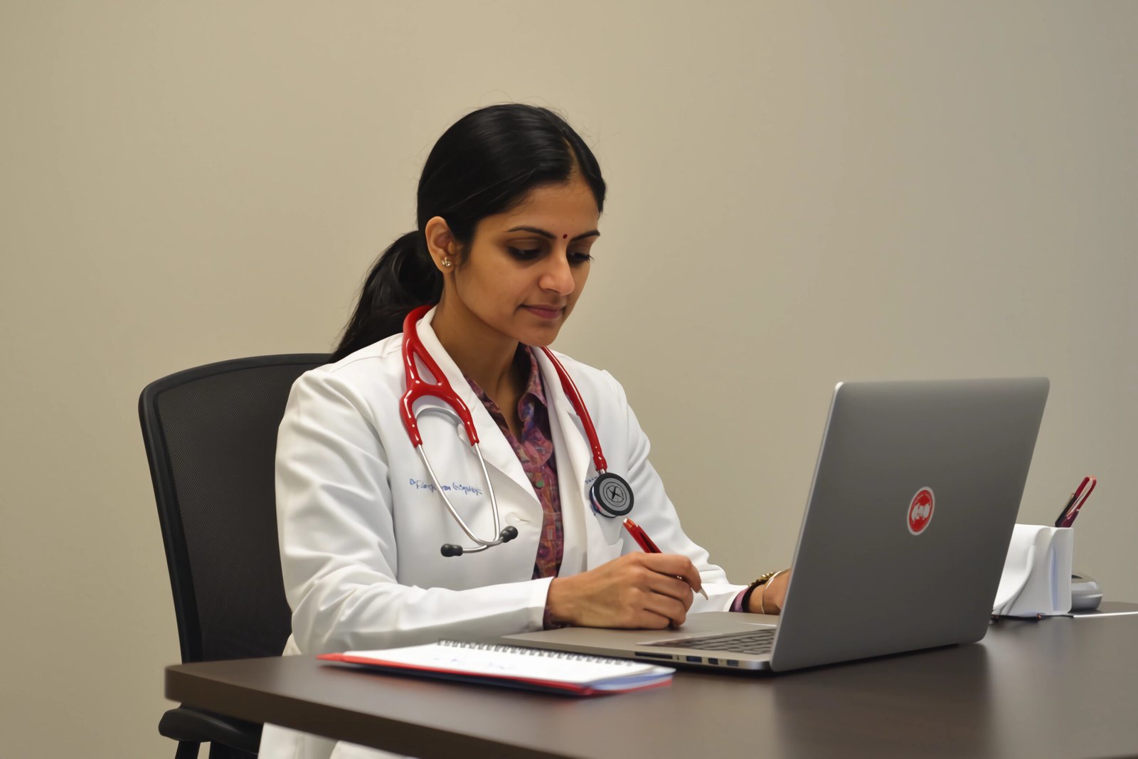 A woman in a white lab coat is sitting at a desk with a laptop open in front of her. She is writing on a piece of paper and she is focused on her work