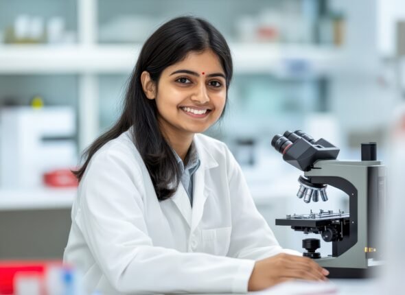 Smiling Indian female scientist examining microscope in bright lab, clean, organized setting