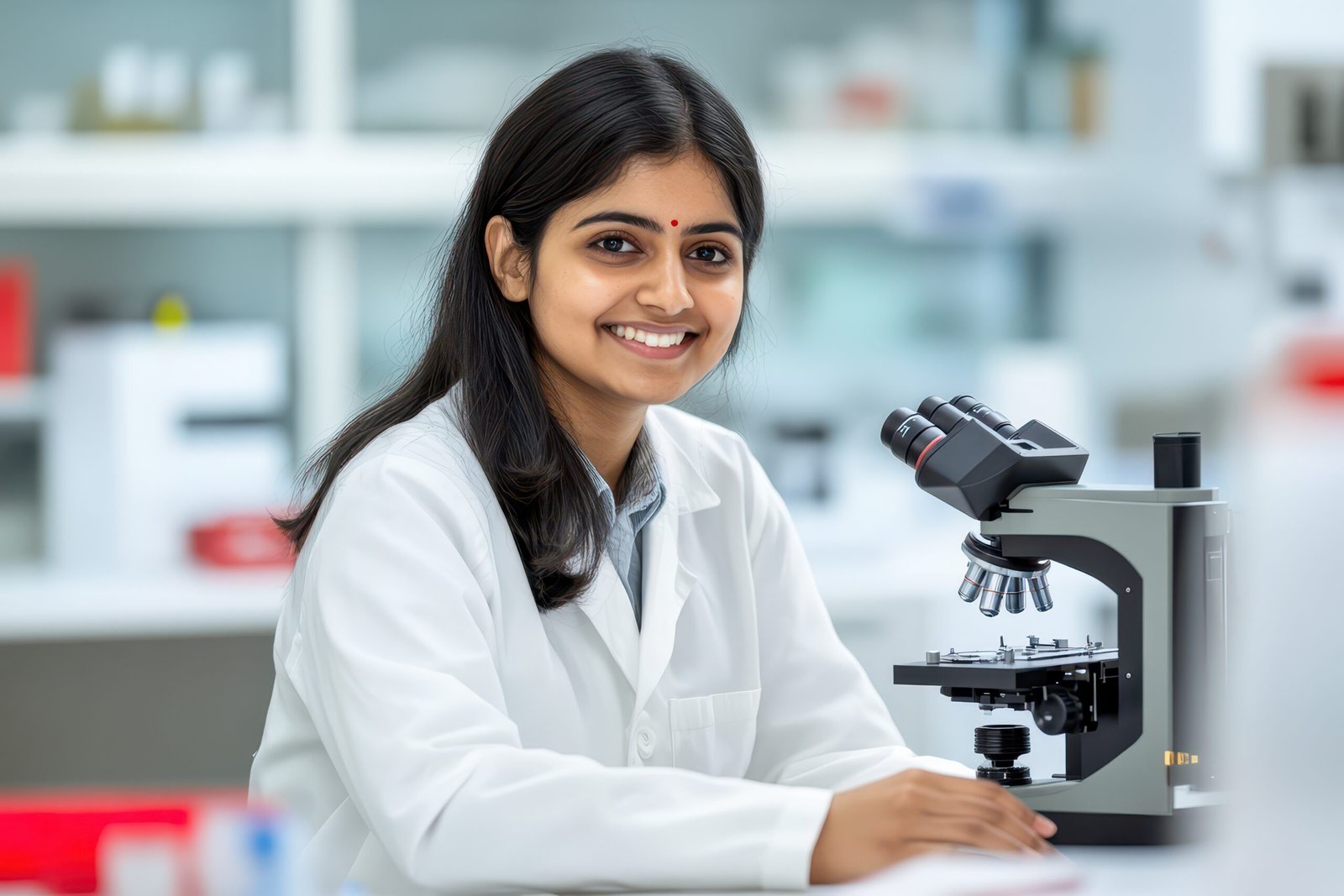 Smiling Indian female scientist examining microscope in bright lab, clean, organized setting