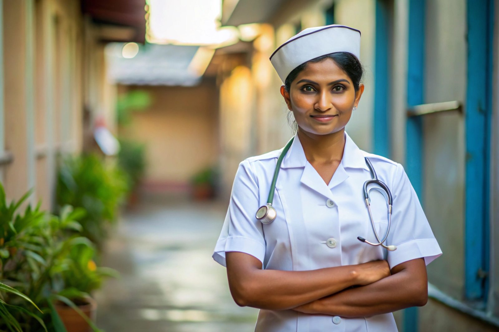 woman-white-uniform-with-stethoscope-her-neck-stands-front-building