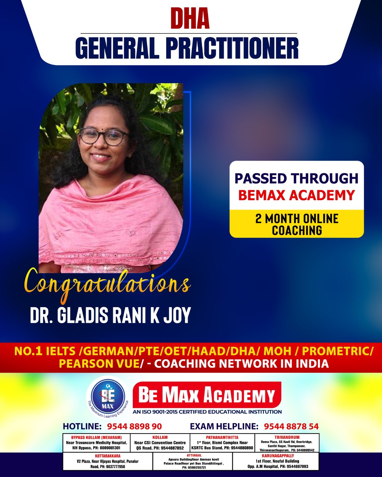 Be Max Academy GP licensing exam success poster
