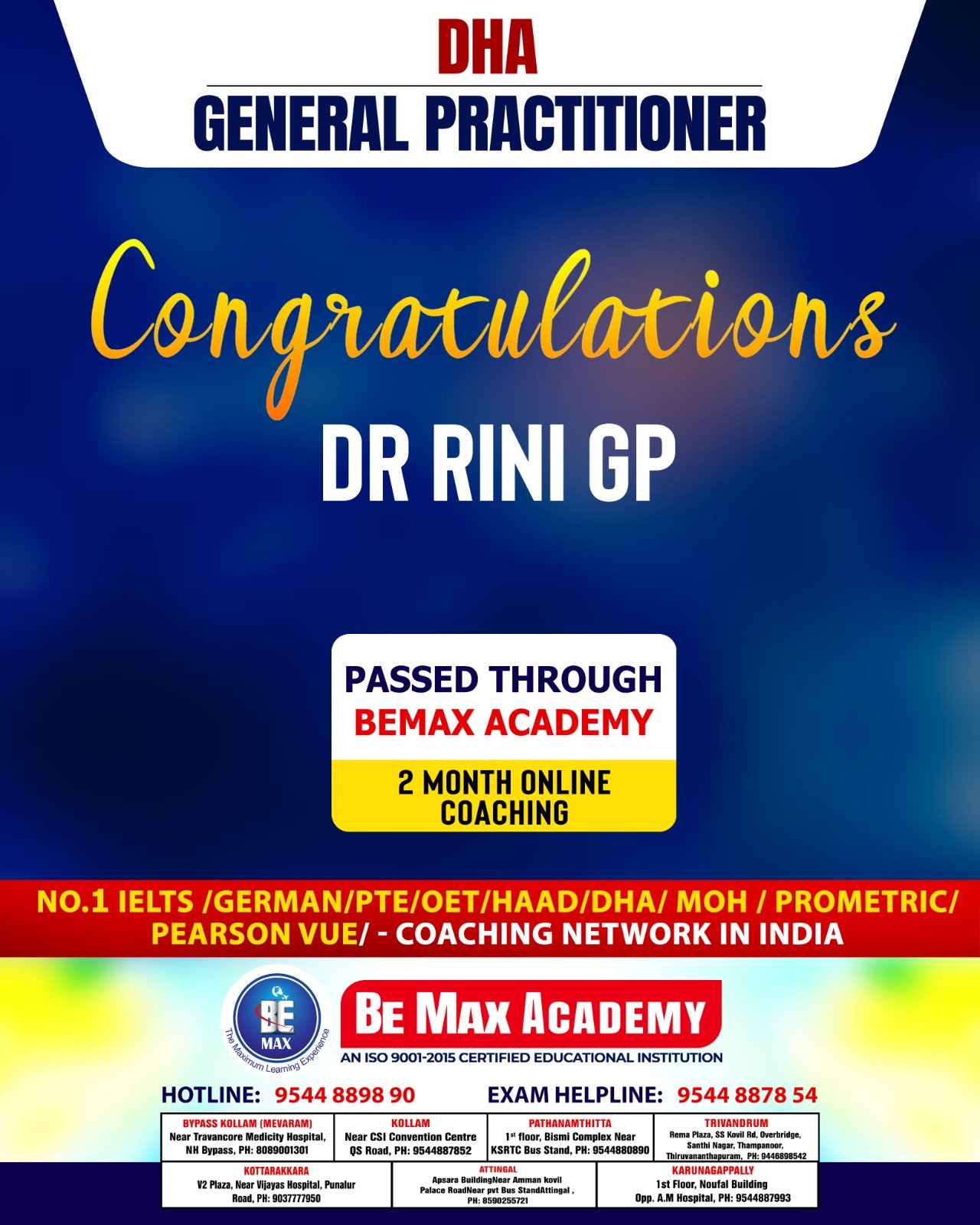Be Max Academy GP licensing exam success poster