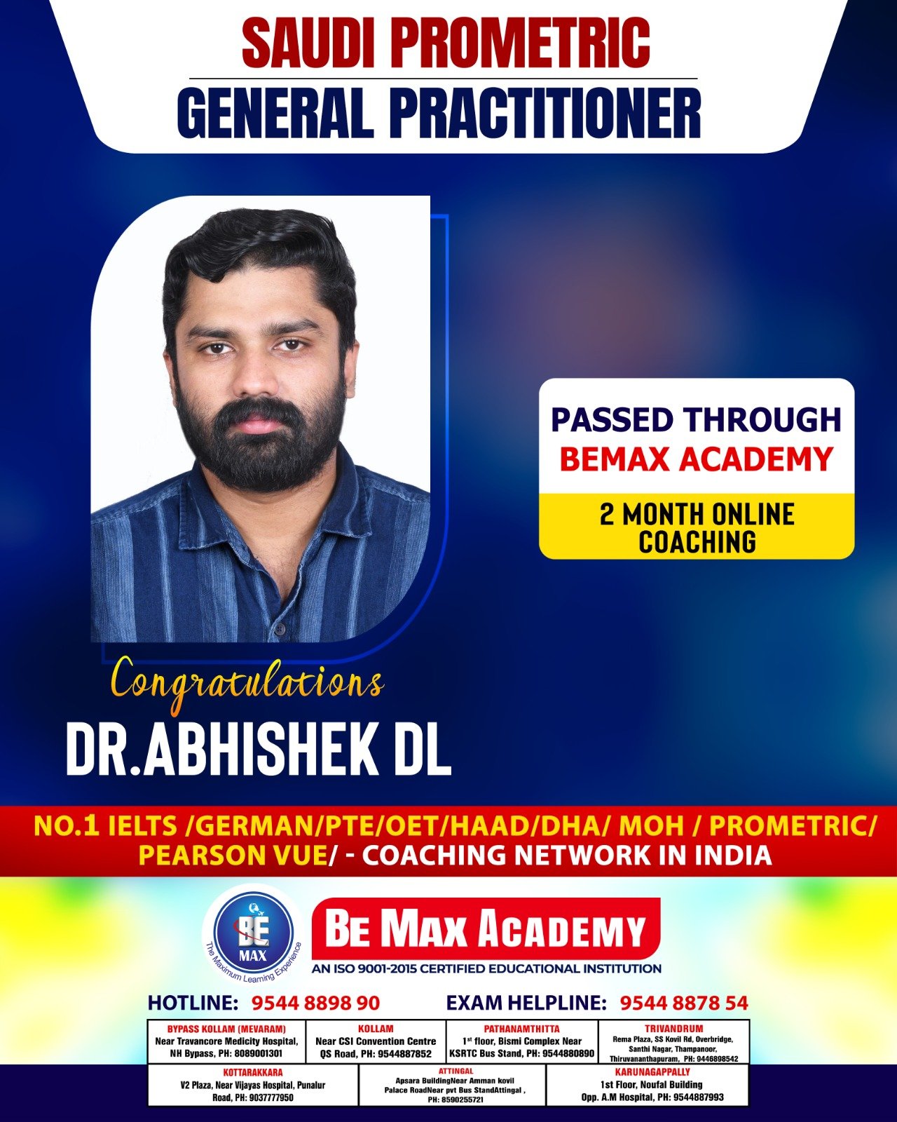 Be Max Academy GP licensing exam success poster
