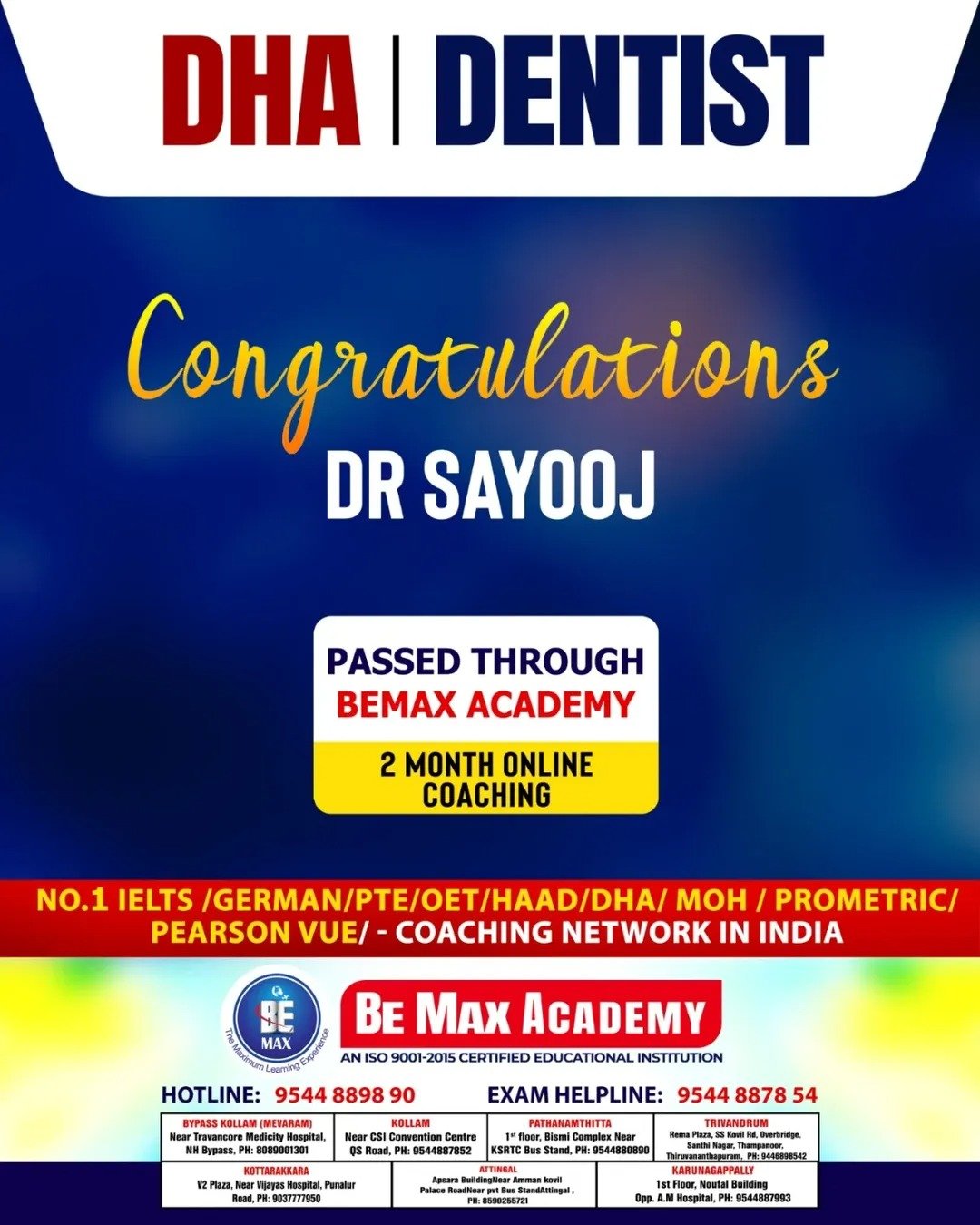 Be Max Academy student licensing exam success — result poster 3