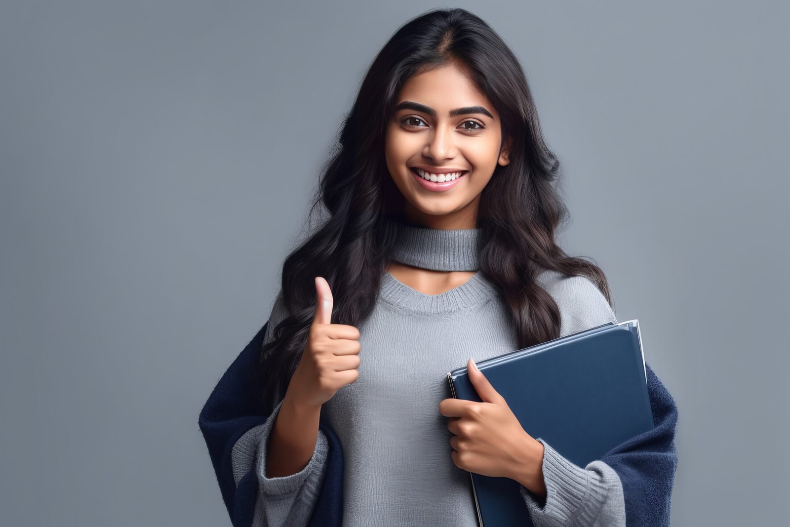 a Smiling Indian college girl showing thumb on gray background generative AI
