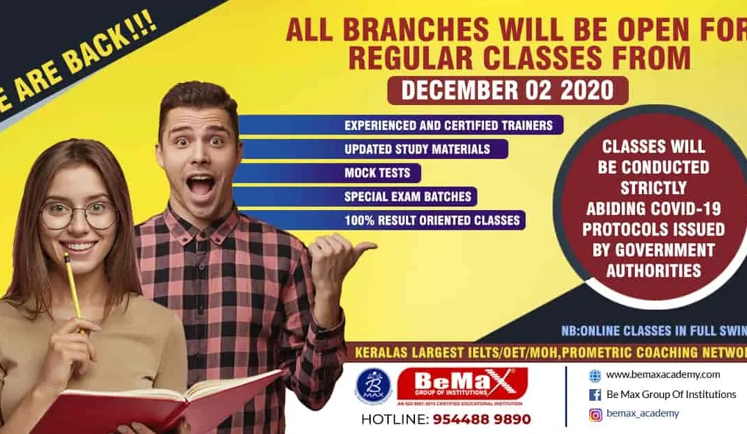 Bemax Academy Branches Open for Admission from December 2, 2020 – IELTS, OET, DHA, MOH, HAAD, Prometric & more